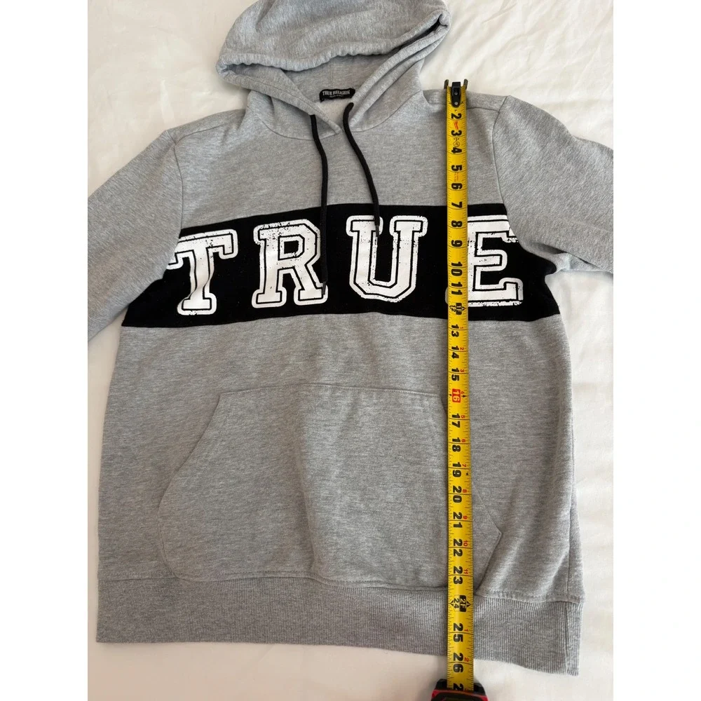 True Religion Mens Heather Gray Logo Pullover Hoodie Sweatshirt Distressed Print